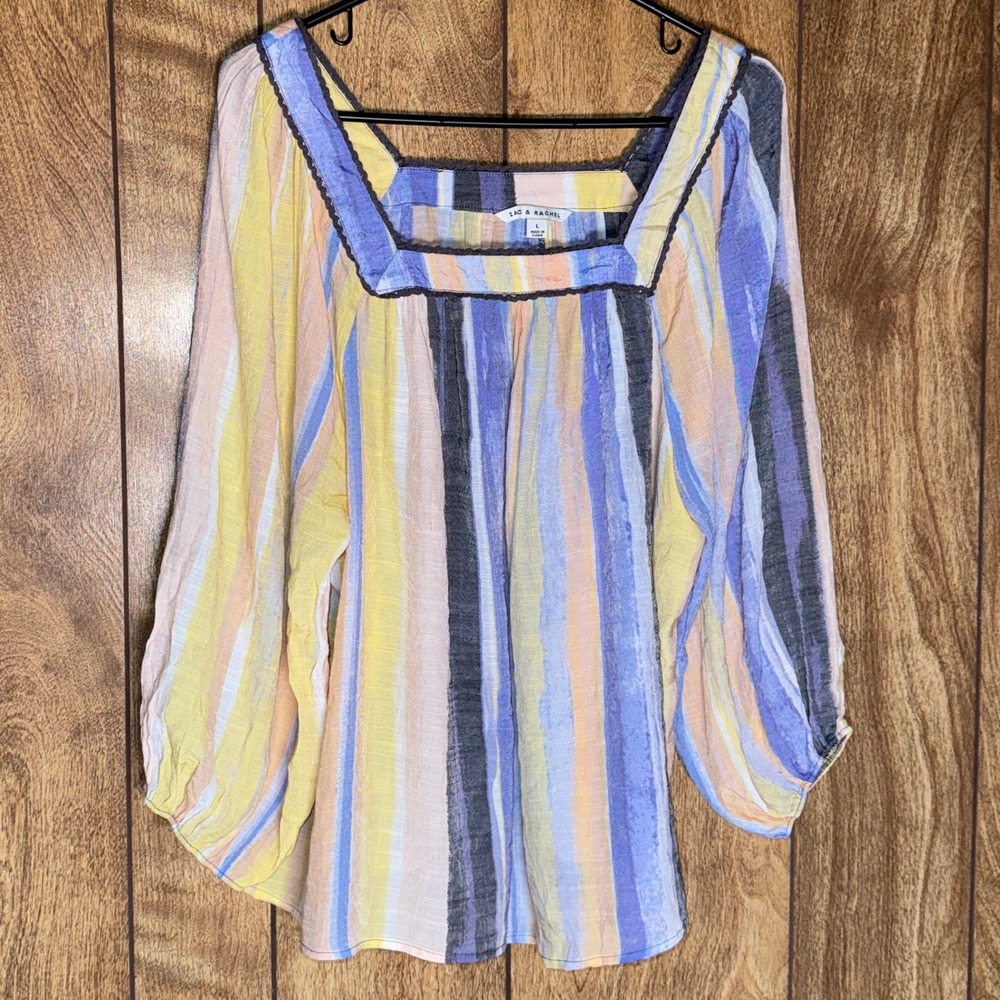 Zac & Rachel Womens Large Striped Square Neck Peasant Blouse Blue Yellow Top